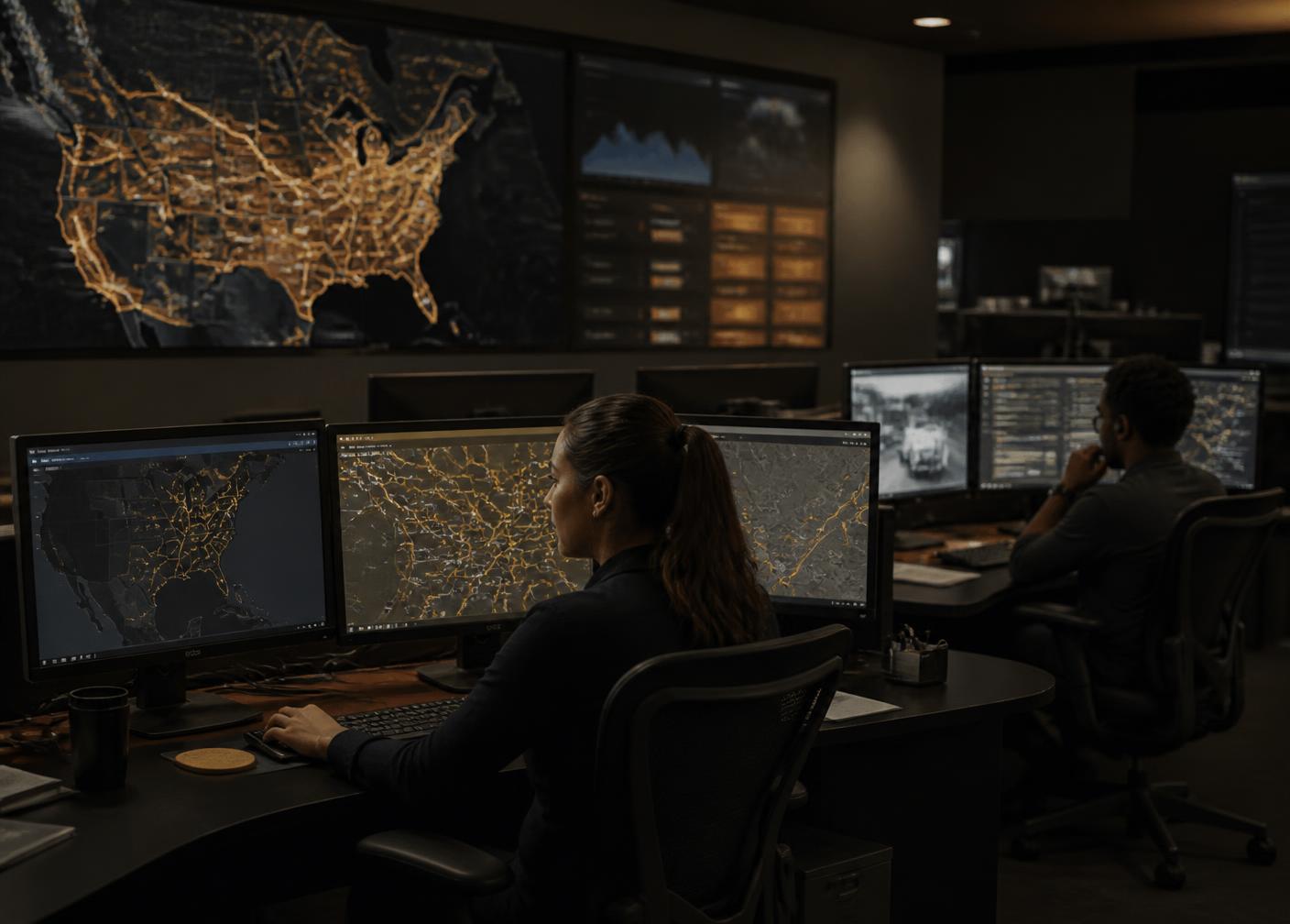 Freight dispatch operations center with route monitoring screens
