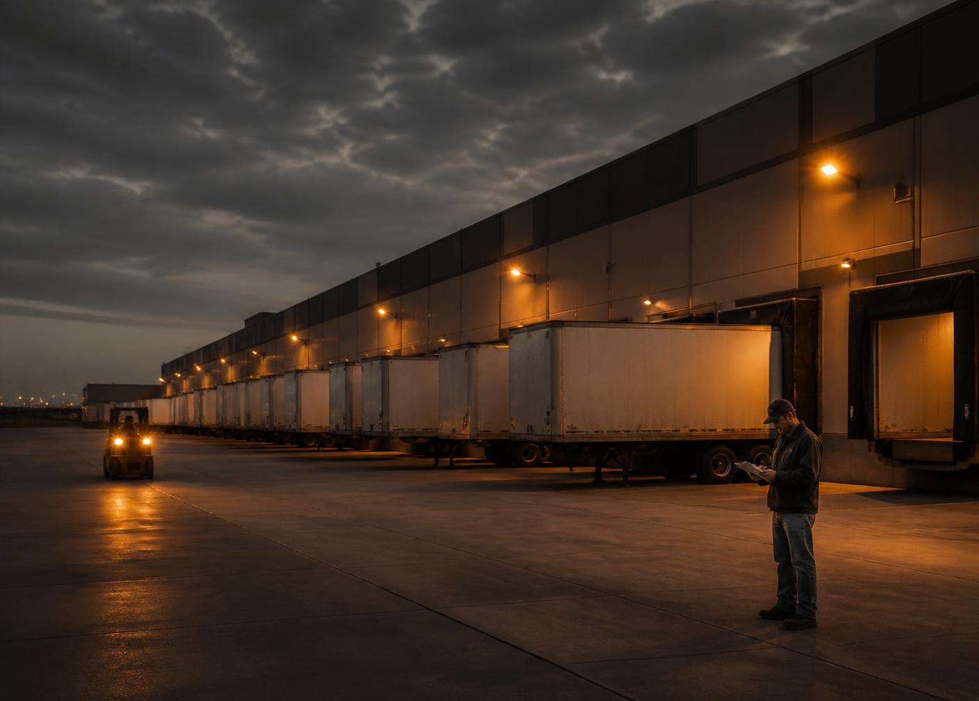 American distribution center loading docks with dry van trailers at dusk