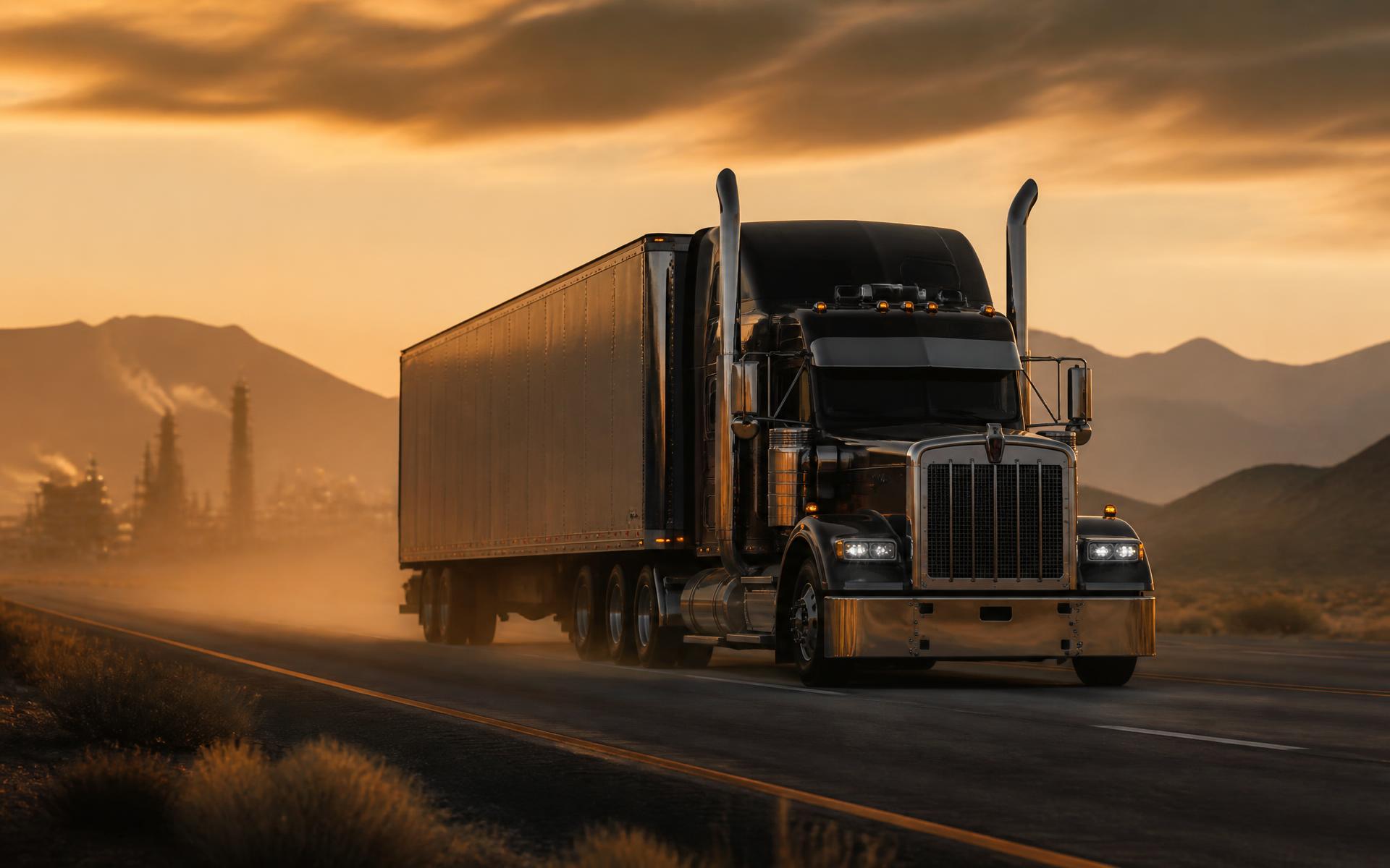 American semi truck hauling a dry van trailer on an open interstate highway at golden hour